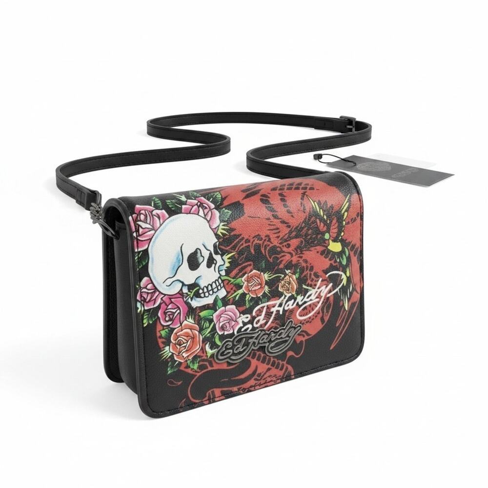 Ed Hardy Micro Organizer Crossbody Wallet Purse & Key Ring Skull Roses NWT